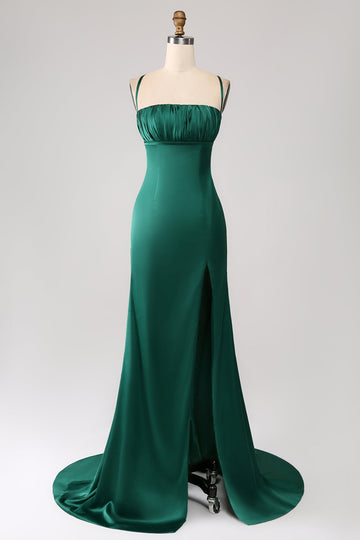 Dark Green Mermaid Spaghetti Straps Satin Prom Dress